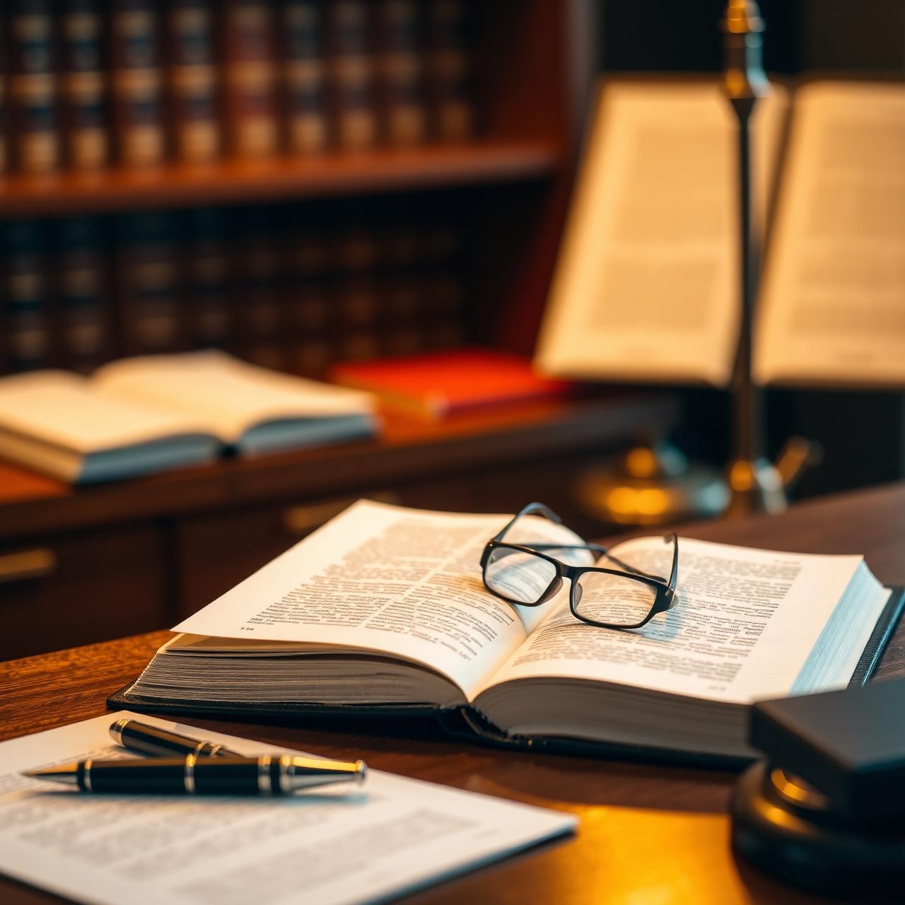 Attorney's desk with legal books and reading glasses